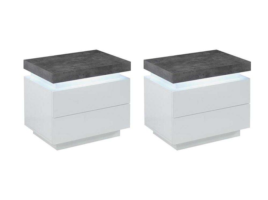 Mesa De Cabeceira | Vente-unique Conjunto De 2 Mesas De Cabeceira Com 2 Gavetas Mdf Lacado, Leds, Cor Branco E Cinzento-Cimento - Halo Ii