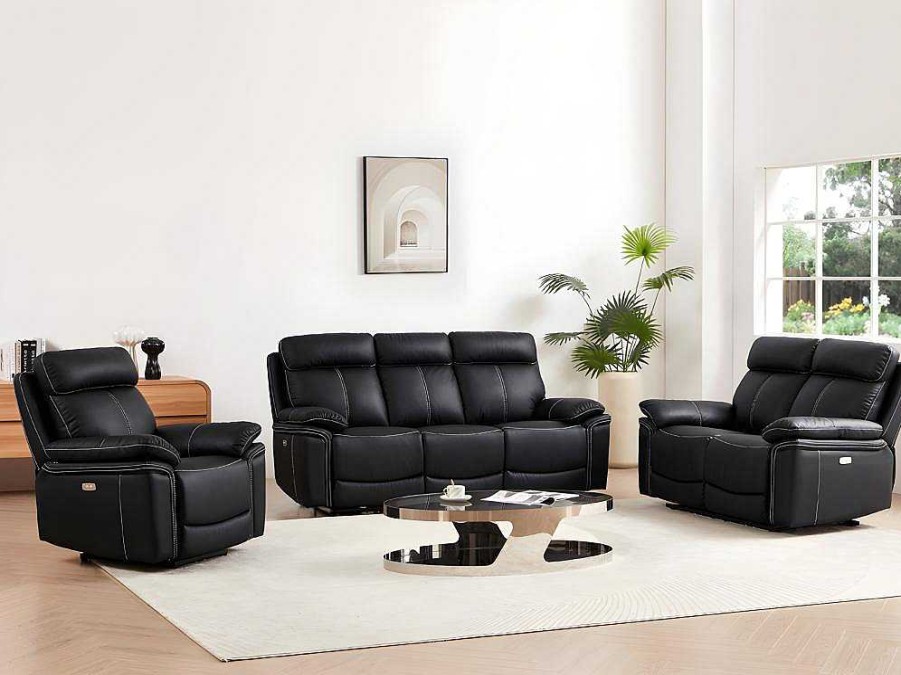 Conjunto Sofa E Poltrona | Vente-unique Sofa De 3+2+1 Lugares Relax Eletrico Em Pele Preto - Isiris