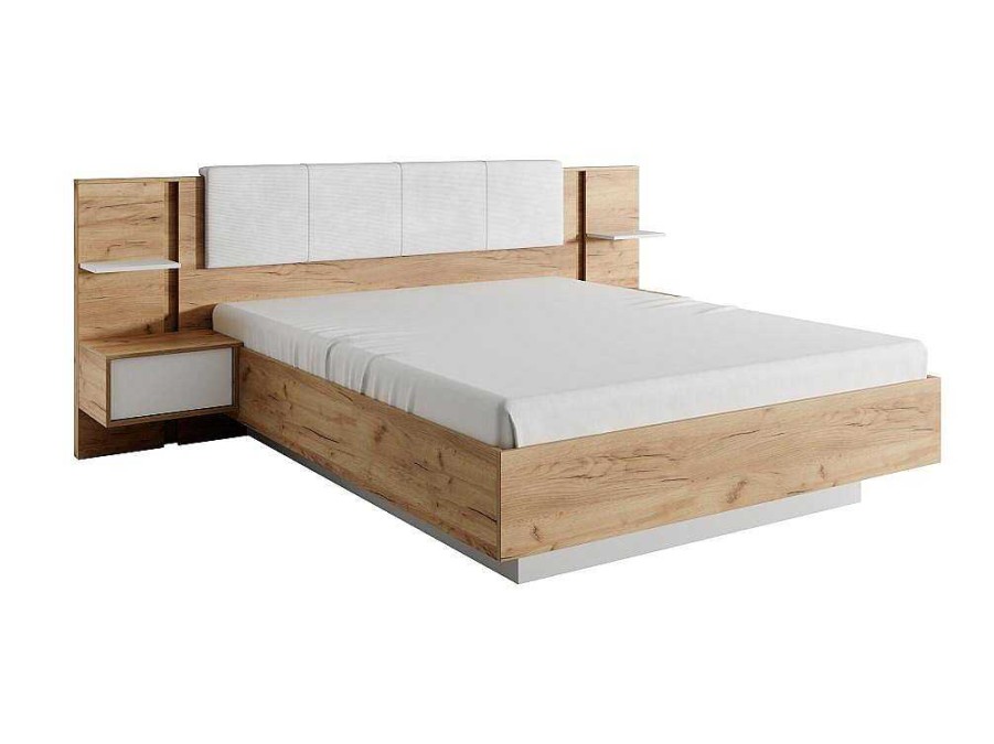 Cama Com Arrumacao | Vente-unique Cama Com Mesas De Cabeceira 160X200 Cm, Com Leds, Cor Natural E Branco - Elynia