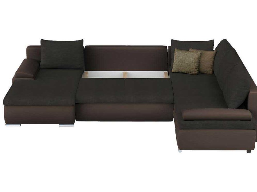 Sofa Panoramico | Vente-unique Sofa De Canto Panoramico Convertivel Em Cama E Reversivel Em Pele Sintetica E Tecido Castanho - Dakota