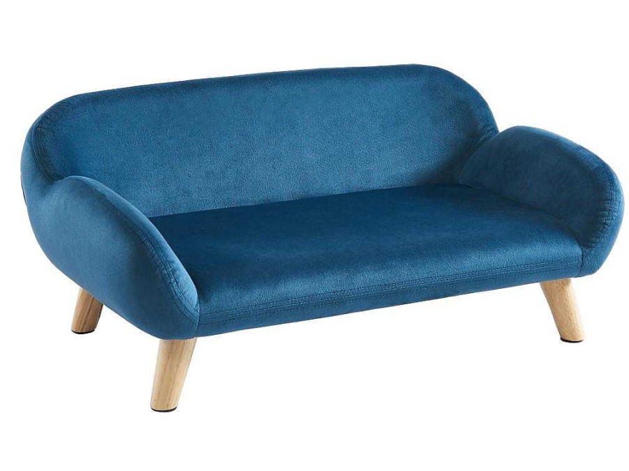 Acessorios Para Animais De Estimacao | Vente-unique Sofa Para Animais Em Veludo E Pes Em Madeira C.72 X L.44 Cm Azul - Zolia