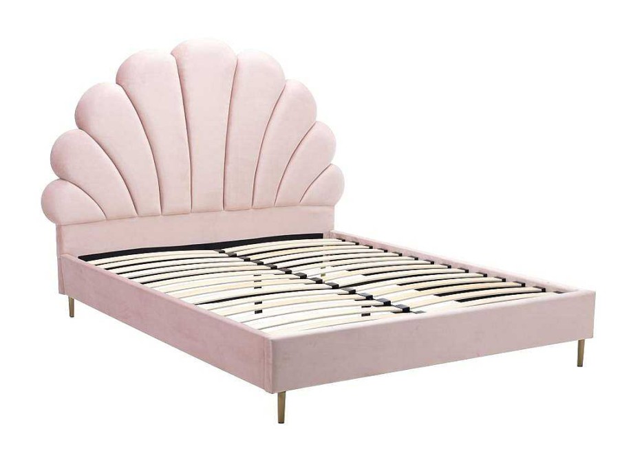 Cama Em Veludo | Vente-unique Cama Cabeceira Concha 160 X 200 Cm Veludo Cor-De-Rosa - Livaya