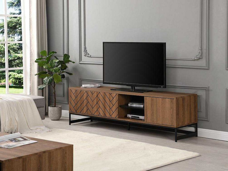 Movel De Tv | Vente-unique Movel De Tv Com 3 Portas E 2 Nichos Em Mdf Cor Natural E Preto - Caratana