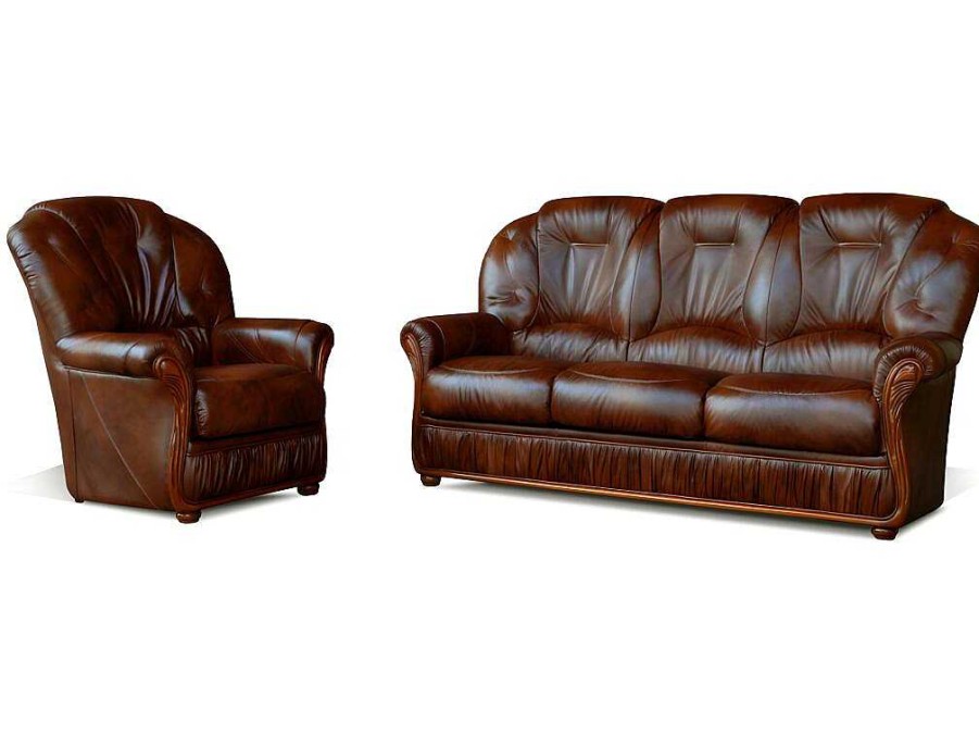 Conjunto Sofa E Poltrona | Vente-unique Sofa De 3+1 Lugares 100% Couro De Bufalo Castanho - Daphne