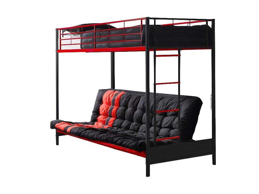 Cama Alta | Vente-unique Cama Alta 90 X 190 Cm Com Banco Convertivel Em Metal Preto E Vermelho E Futon - Modulo V