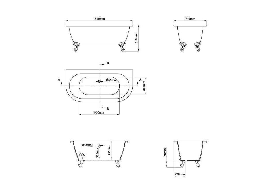 Banheira De Pousar E Encostar | Shower & Design Banheira Semiclassica Retro Com Pes Estilo Pata De Agua, Azul Brilhante, 154 L, 150 X 74 X 61 Cm - Bolisa