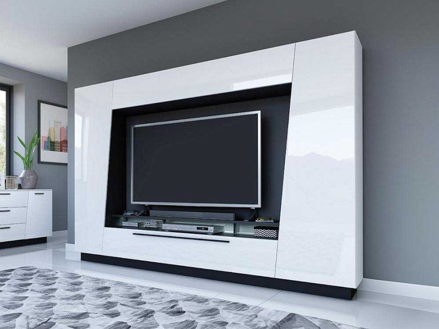 Movel De Tv | Vente-unique Movel De Tv Com Espacos De Arrumacao E Com Leds - Mdf Lacado A Branco - Chace