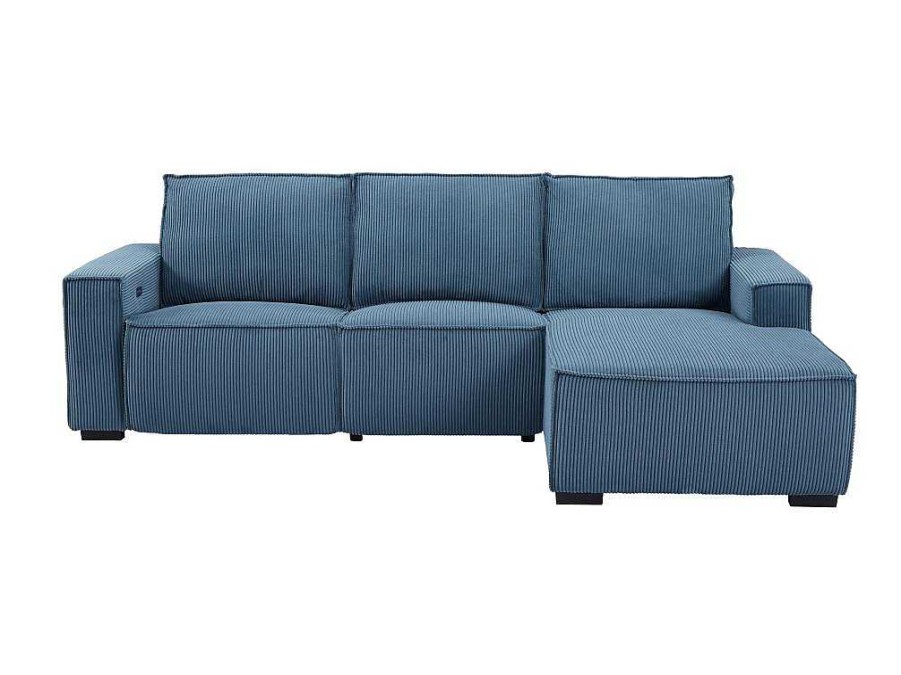 Sofa De Relaxamento Eletrico | Vente-unique Sofa De Canto Direito Articulado Eletrico Em Tecido Canelado Azul - Amelio