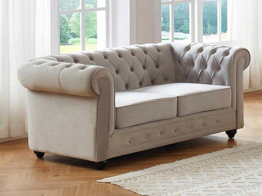 Sofa De 2 Lugares | Vente-unique Sofa De 2 Lugares Em Veludo Cor Cinza-Claro - Chesterfield