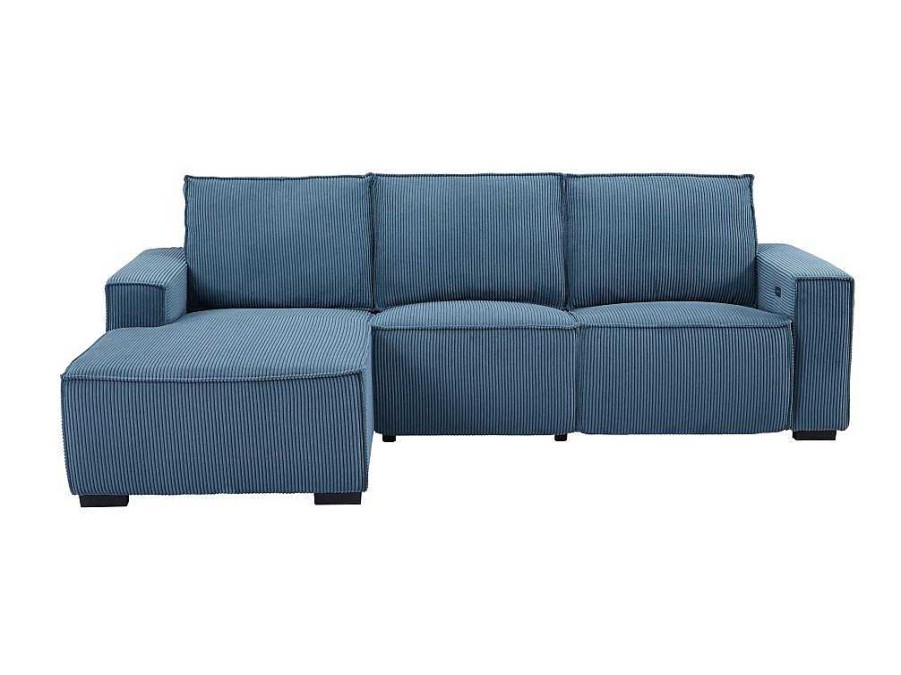 Sofa De Relaxamento Eletrico | Vente-unique Sofa De Canto Esquerdo Articulado Eletrico Em Tecido Canelado Azul - Amelio