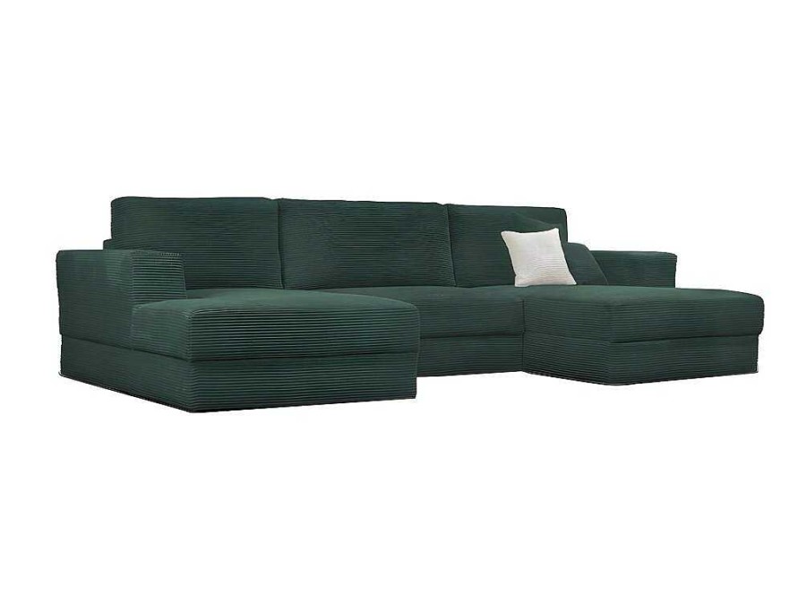 Sofa Panoramico | Vente-unique Sofa De Canto Panoramico Convertivel Em Veludo Canelado Verde Aberto - Curipina