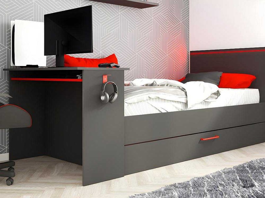 Cama Dupla | Vente-unique Cama Dupla Gamer 90 X 200 E 90 X 190 Cm Com Secretaria E Leds Antracite E Vermelho, Com Colchao E Sommier - Vouani