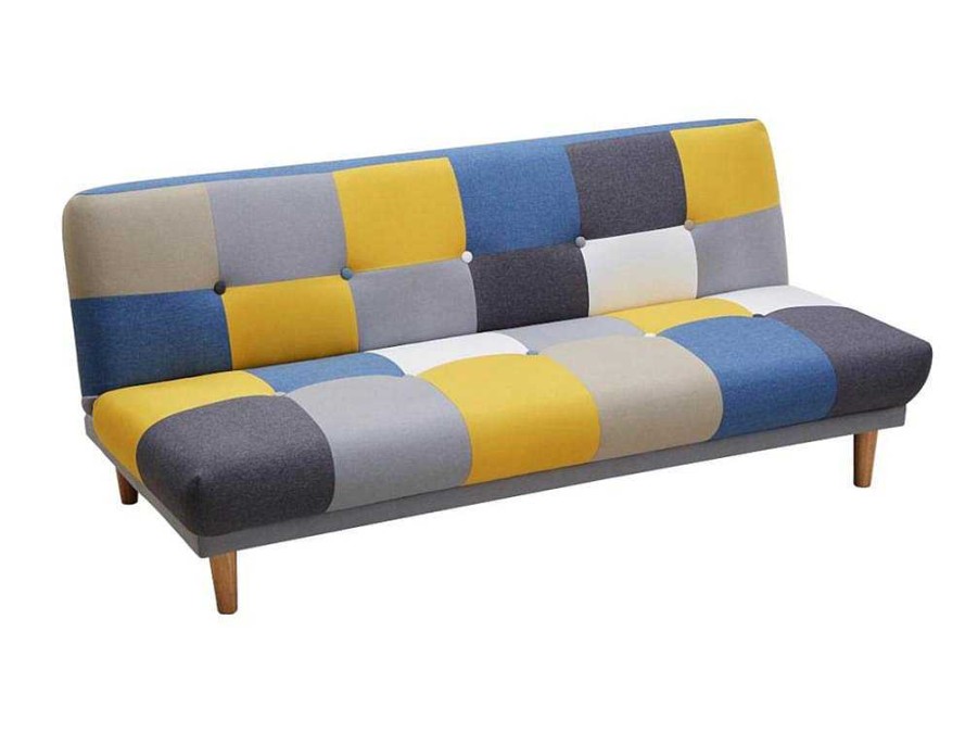 Sofa Cama Clic-Clac E Dobravel | Vente-unique Sofa De 3 Lugares Clic-Clac Em Tecido E Cores Patchwork Cinza, Azul E Amarelo - Mardag