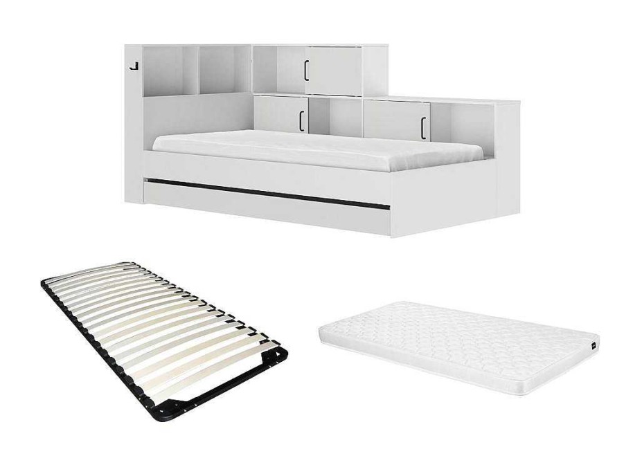 Cama De Adulto | Vente-unique Cama Com Espacos De Arrumacao E Gaveta 90X200 Cm Branco + Sommier + Colchao - Armand