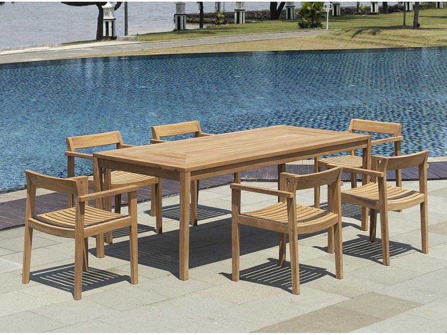 Conjunto Mesa E Cadeiras De Jardim | MYLIA Conjunto De Jantar De Jardim Em Teca, 1 Mesa C. 200 Cm + 6 Cadeiroes, Natural Claro - Allende