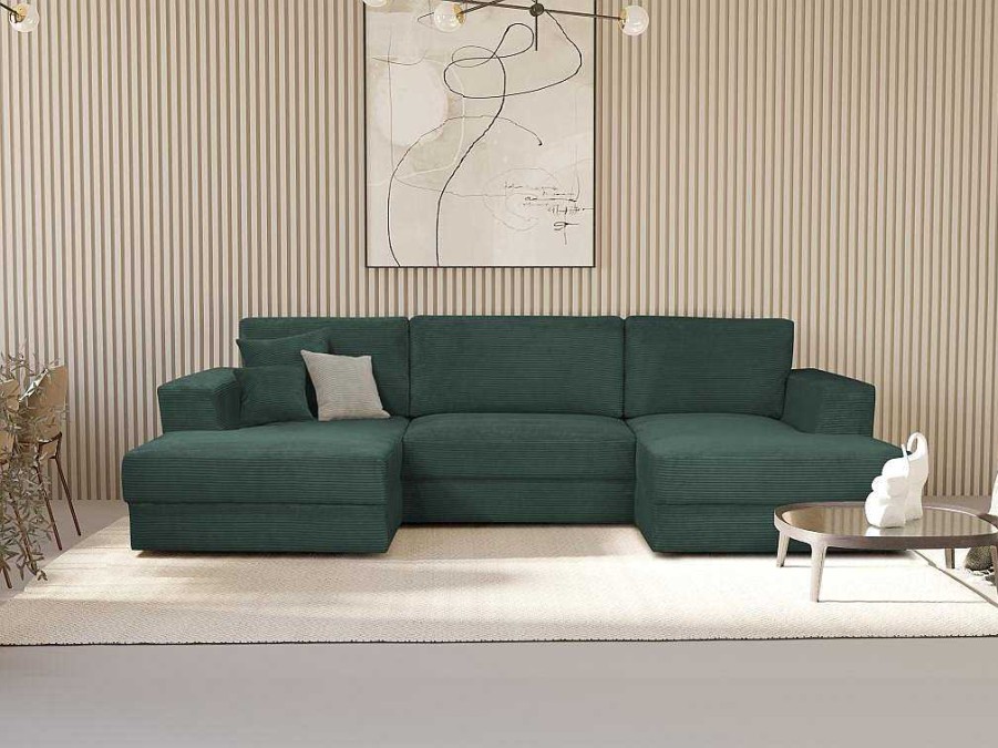 Sofa Panoramico | Vente-unique Sofa De Canto Panoramico Convertivel Em Veludo Canelado Verde Aberto - Curipina