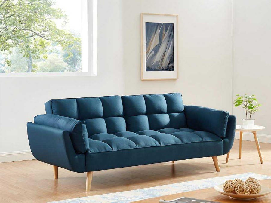 Sofa Cama Clic-Clac E Dobravel | Vente-unique Sofa De 3 Lugares Convertivel Clic-Clac Em Tecido - Azul - Loeline