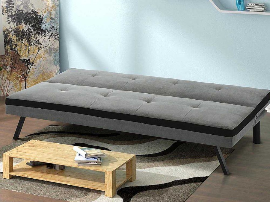 Sofa Cama Clic-Clac E Dobravel | Vente-unique Sofa Cama Clic Clac Em Tecido Cinzento E Faixa Em Preto - Skala