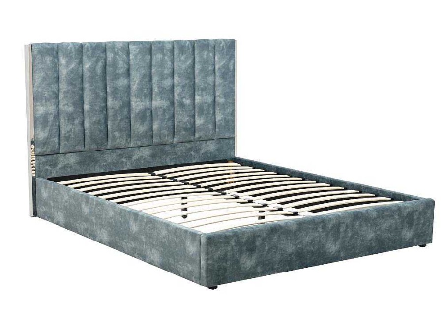 Cama Em Veludo | Vente-unique Cama 140 X 190 Cm Com Cabeceira De Cama Costuras Verticais Veludo Azul-Esverdeado + Colchao - Feroya