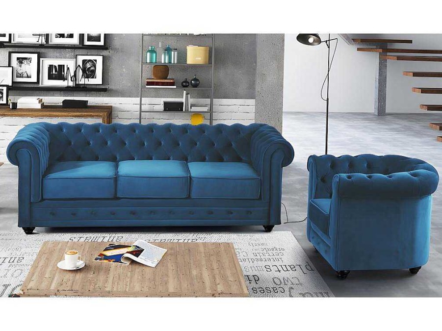 Conjunto Sofa E Poltrona | Vente-unique Sofa De 3 Lugares E Cadeirao Chesterfield - Veludo Azul Esverdeado