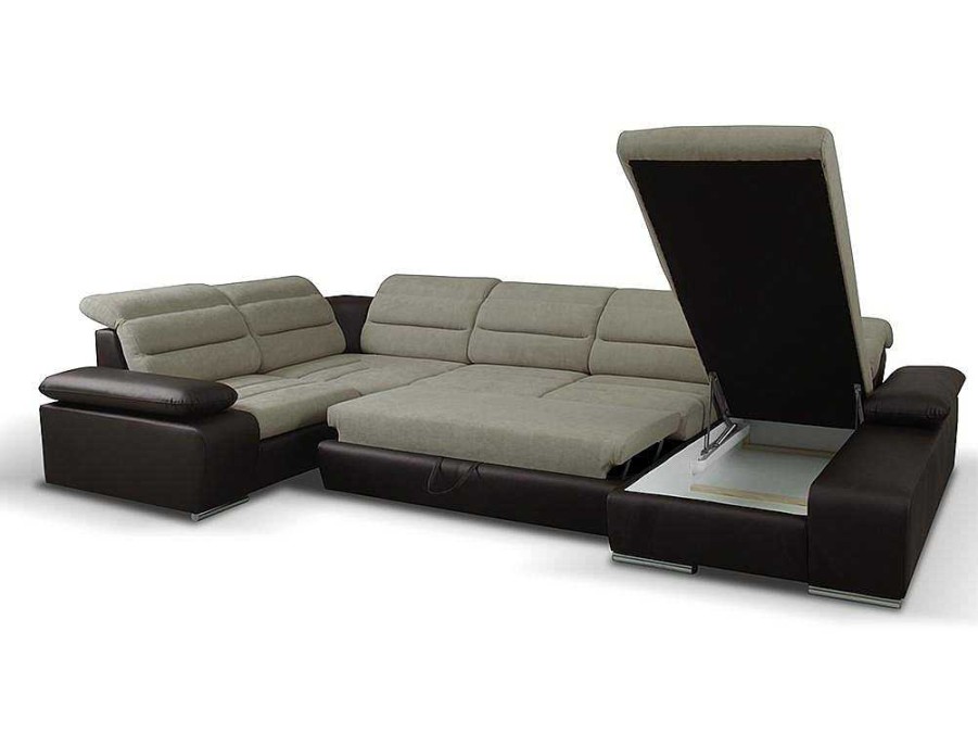 Sofa Panoramico | Vente-unique Sofa De Canto Panoramico Modular Em Tecido E Pele Sinteticabicolor Bege E Castanho - Canto Direito - Boileau