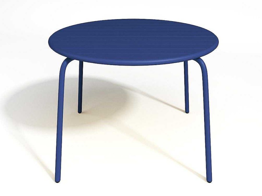 Conjunto Mesa E Cadeiras De Jardim | MYLIA Conjunto De Jantar De Jardim Em Metal, Uma Mesa D. 110 Cm E 4 Cadeiras Empilhaveis Azul-Escuro - Mirmande