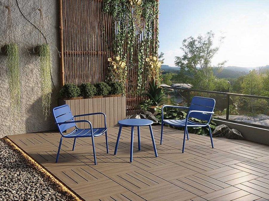 Conjunto Relax De Jardim | MYLIA Conjunto De Jardim Em Metal, 2 Cadeiroes Baixos Empilhaveis E Uma Mesa De Apoio, Azul-Escuro - Mirmande