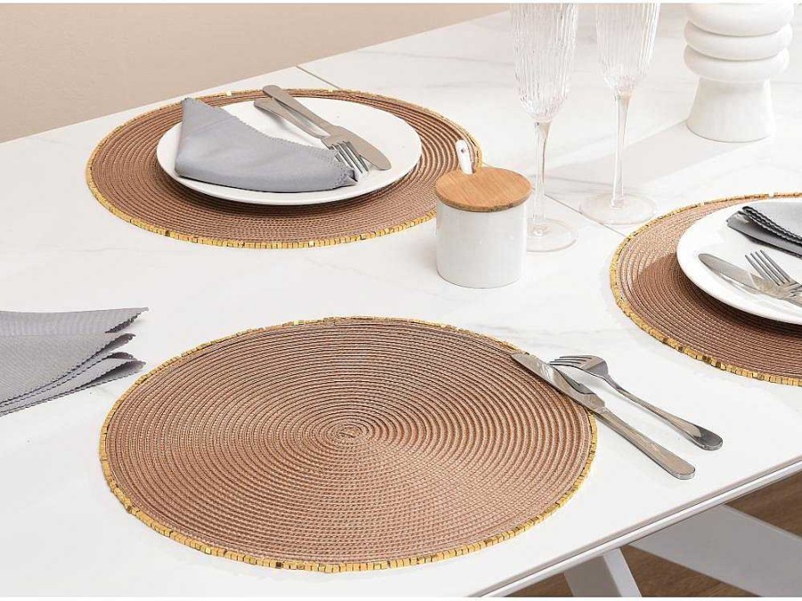 Texteis De Mesa | OZAIA Conjunto De 8 Individuais De Mesa Redondos Com Bordas Em Perola D38 Cm, Castanho E Dourado - Balista