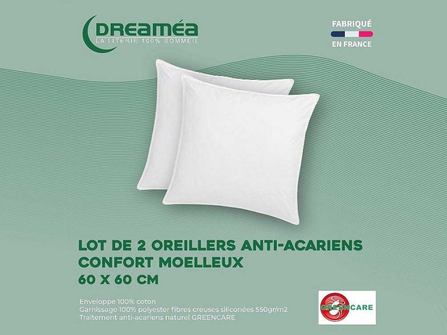 Almofada | DREAMEA Conjunto De 2 Almofadas Tratamento Antiacaros Natural Greencare 60 X 60 Cm 550 G Branco Algodao - Azylia