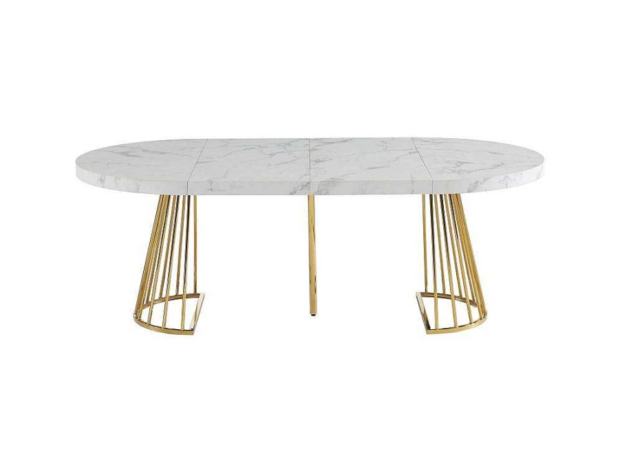 Mesa De Jantar | Vente-unique Mesa De Jantar Extensivel De 2 A 12 Lugares Em Mdf E Aco Efeito Marmore Branco E Dourado - Firela