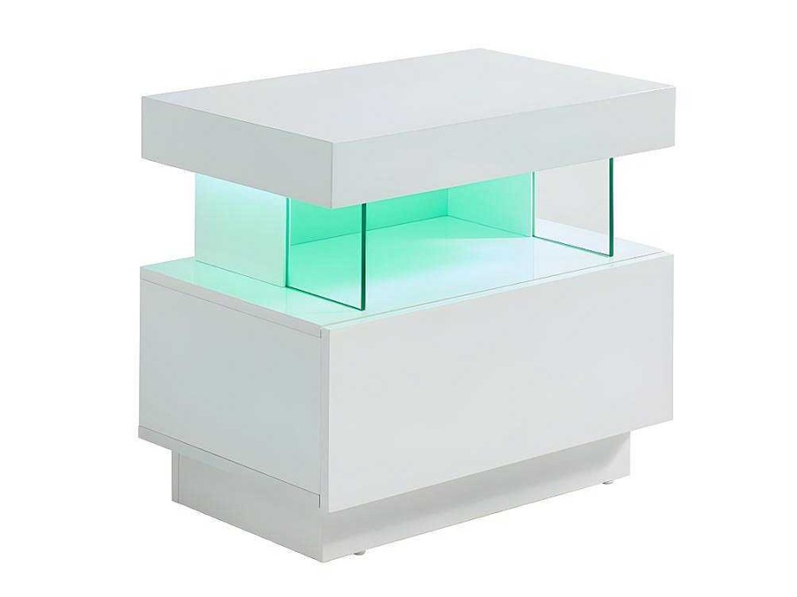 Mesa De Cabeceira | Vente-unique Cabeceira Fabio - Mdf Lacado Branco - Leds - 1 Gaveta E 1 Nicho