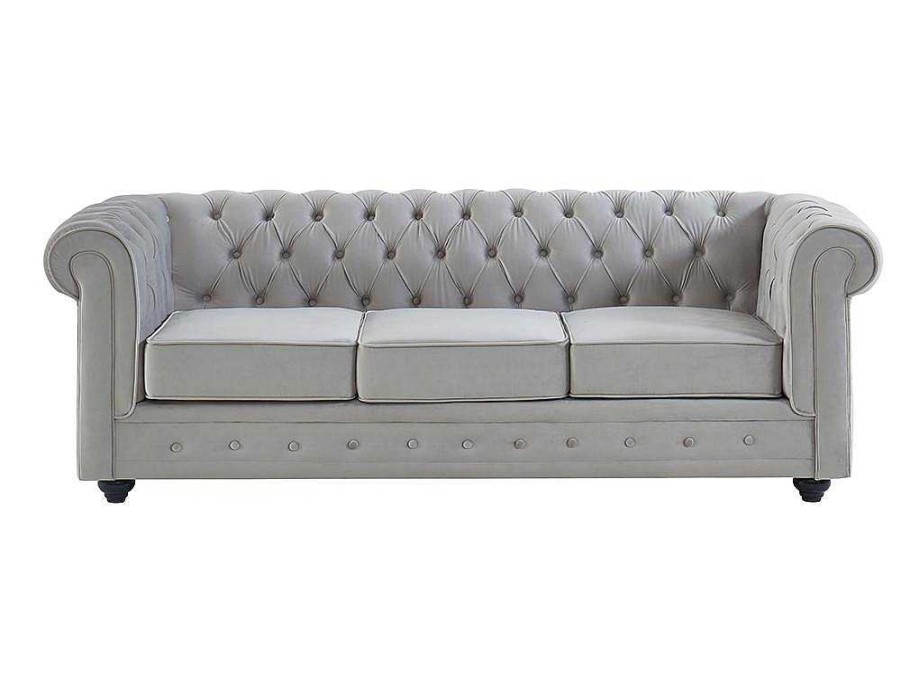 Sofa De 2 Ou 3 Lugares | Vente-unique Sofa De 3 Lugares Chesterfield - Veludo Cinzento Claro