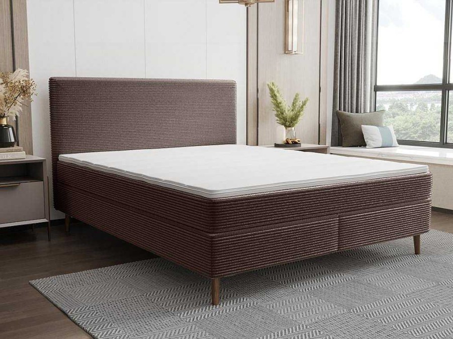 Cama Boxspring, Cama Continental | Ysmée Conjunto Completo Boxspring Com Cabeceira + Sommier + Colchao + Sobrecolchao 180 X 200 Cm Veludo Canelado Castanho - Nara De Ysmee