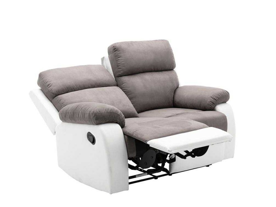 Sofa De Relaxamento Manual | Vente-unique Sofa De 2 Lugares Articulado Manual Em Microfibra E Pele Sintetica - Cinza E Branco - Tolzano