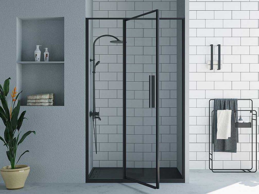 Painel De Duche | Shower & Design Porta De Duche Giratoria Preto Mate Estilo Industrial 120X195 Cm - Toroni