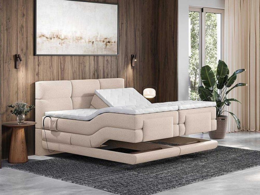 Cama De Adulto | Palacio Conjunto Completo Boxspring, Cabeceira De Cama Acolchoada + Sommiers Articulados Eletricos + Colchao + Sobrecolchao 2X90X200 Cm Tecido Bege - Lodi Da Palacio