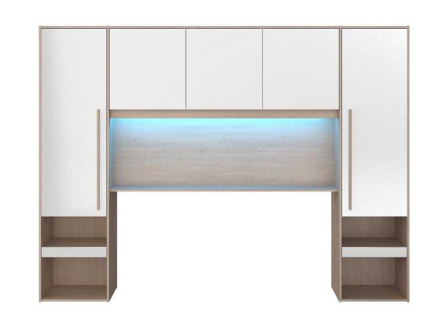 Cabeceira E Ponte De Cama | Vente-unique Ponte De Cama Com Espacos De Arrumacao Com Leds C265 Cm Cor Branco Brilhante E Natural - Velona