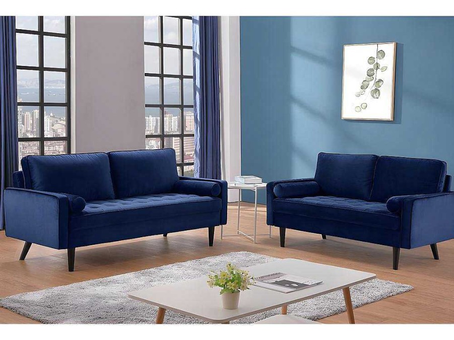 Conjunto De Sofa | Vente-unique Sofa 3+2 Lugares Em Veludo Azul Escuro - Fleuet