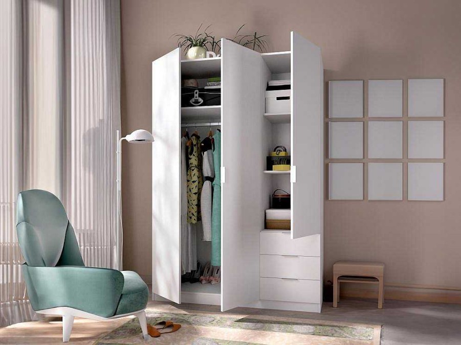 Armario E Roupeiro | Vente-unique Roupeiro 3 Portas E 3 Gavetas C121 Cm Branco - Listowel