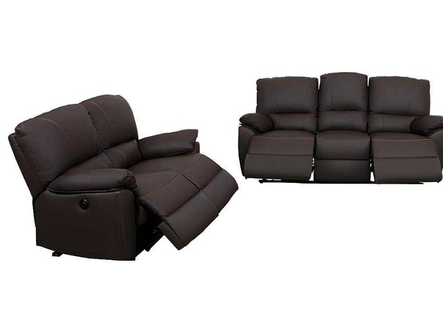 Conjunto De Sofa | Vente-unique Sofa De 3+2 Lugares Relax Eletrico Em Pele Castanho - Marcis