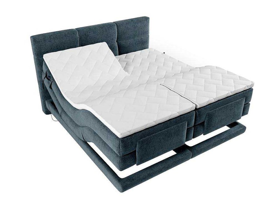 Cama Articulada | Palacio Conjunto Completo Boxspring Cabeceira De Cama Acolchoada + Sommiers Articulados Eletricos + Colchao + Sobrecolchao 2X80X200 Cm Tecido Azul - Lodi De Palacio