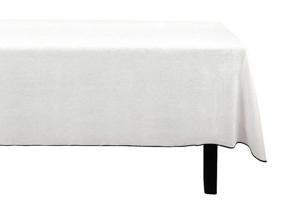 Texteis De Mesa | OZAIA Conjunto Toalha + 4 Guardanapos De Mesa Em Linho E Algodao, Borda Preta, Branco, 170 X 170 Cm - Borina