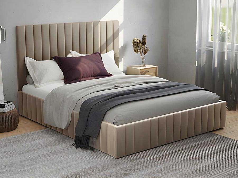 Cama Em Veludo | Vente-unique Cama Com Espaco De Arrumacao 180 X 200 Cm Com Cabeceira De Cama Costuras Verticais Veludo Taupe + Colchao - Larali