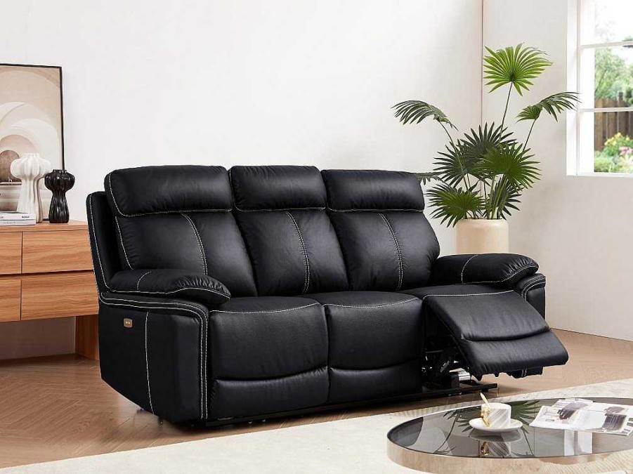 Sofa De Relaxamento Eletrico | Vente-unique Sofa De 3 Lugares Relax Eletrico Em Pele Preto - Isiris