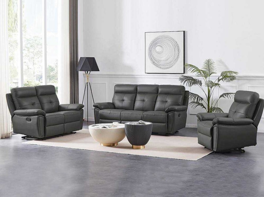 Sofa De Relaxamento Manual | Vente-unique Sofa De 3 Lugares Articulado Em Pele Cinzento - Vineta