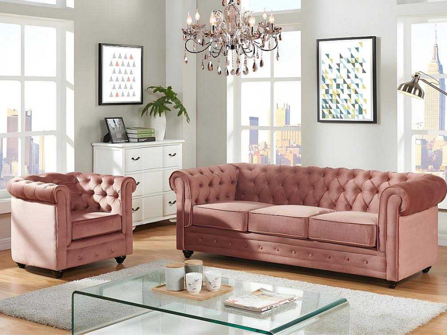 Conjunto Sofa E Poltrona | Vente-unique Sofa De 3 Lugares E Cadeirao Chesterfield - Veludo Rosa Pastel