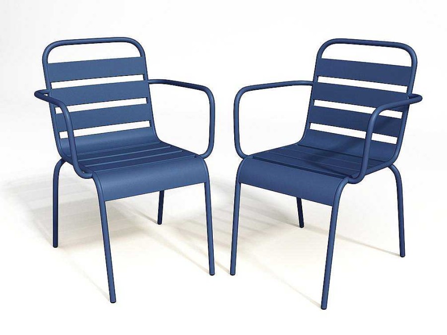 Conjunto Mesa E Cadeiras De Jardim | MYLIA Conjunto De 2 Cadeiroes De Jardim Empilhaveis Em Metal Azul-Escuro - Mirmande