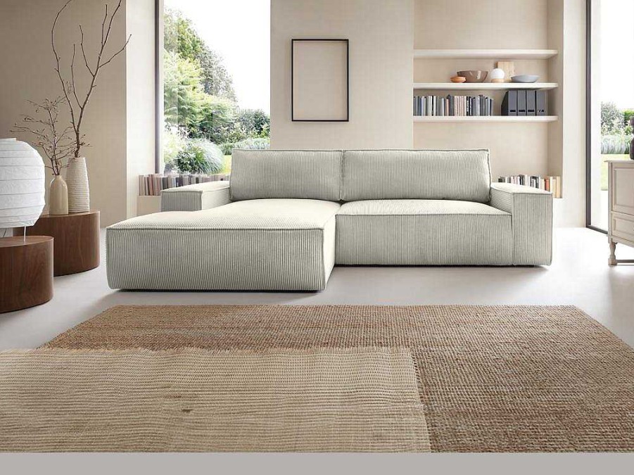 Promocoes Sofas & Poltronas | Vente-unique Sofa De Canto Esquerdo Convertivel Em Veludo Canelado Cor Bege - Amelia De Pascal Morabito