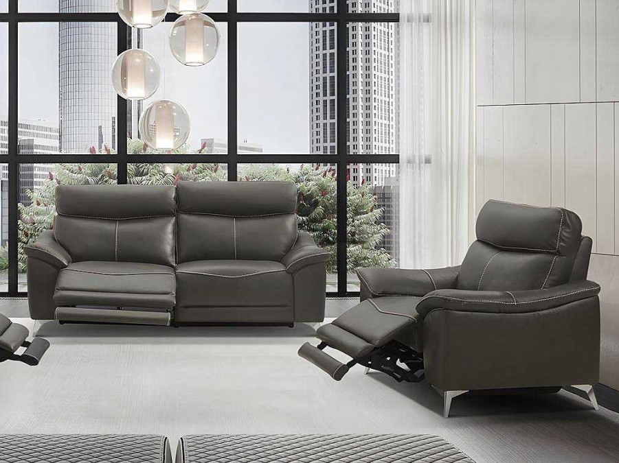 Conjunto Sofa E Poltrona | Vente-unique Sofa De 3+1 Lugares Relax Eletrico Em Pele Taupe - Metronomya