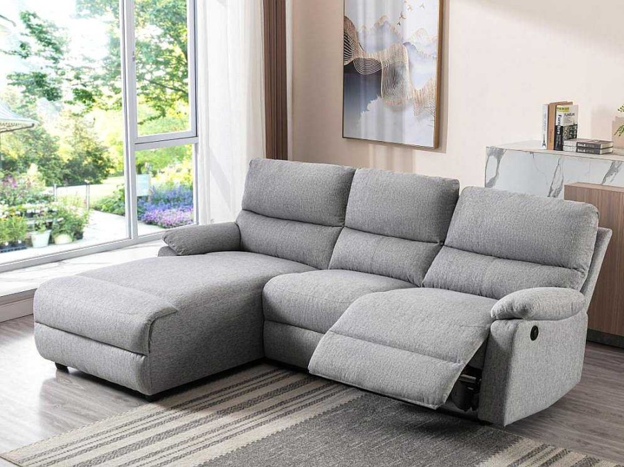 Sofa De Relaxamento Eletrico | Vente-unique Sofa De Canto Articulado Eletrico Em Tecido Cor Cinza-Claro De Canto Esquerdo - Lunano